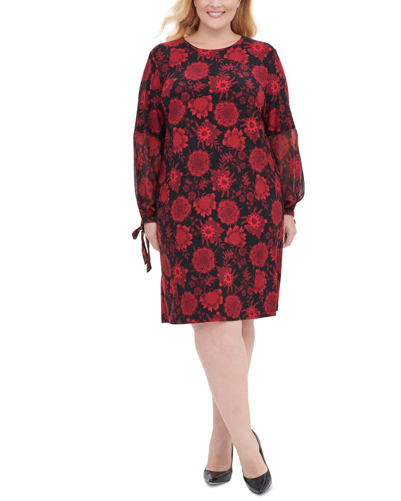 Front of a model wearing a size 20W Tommy Hilfiger Women's Plus Size Printed Chiffon-Sleeve Shift Dress Black Size 20W in Black by Tommy Hilfiger. | dia_product_style_image_id:313502